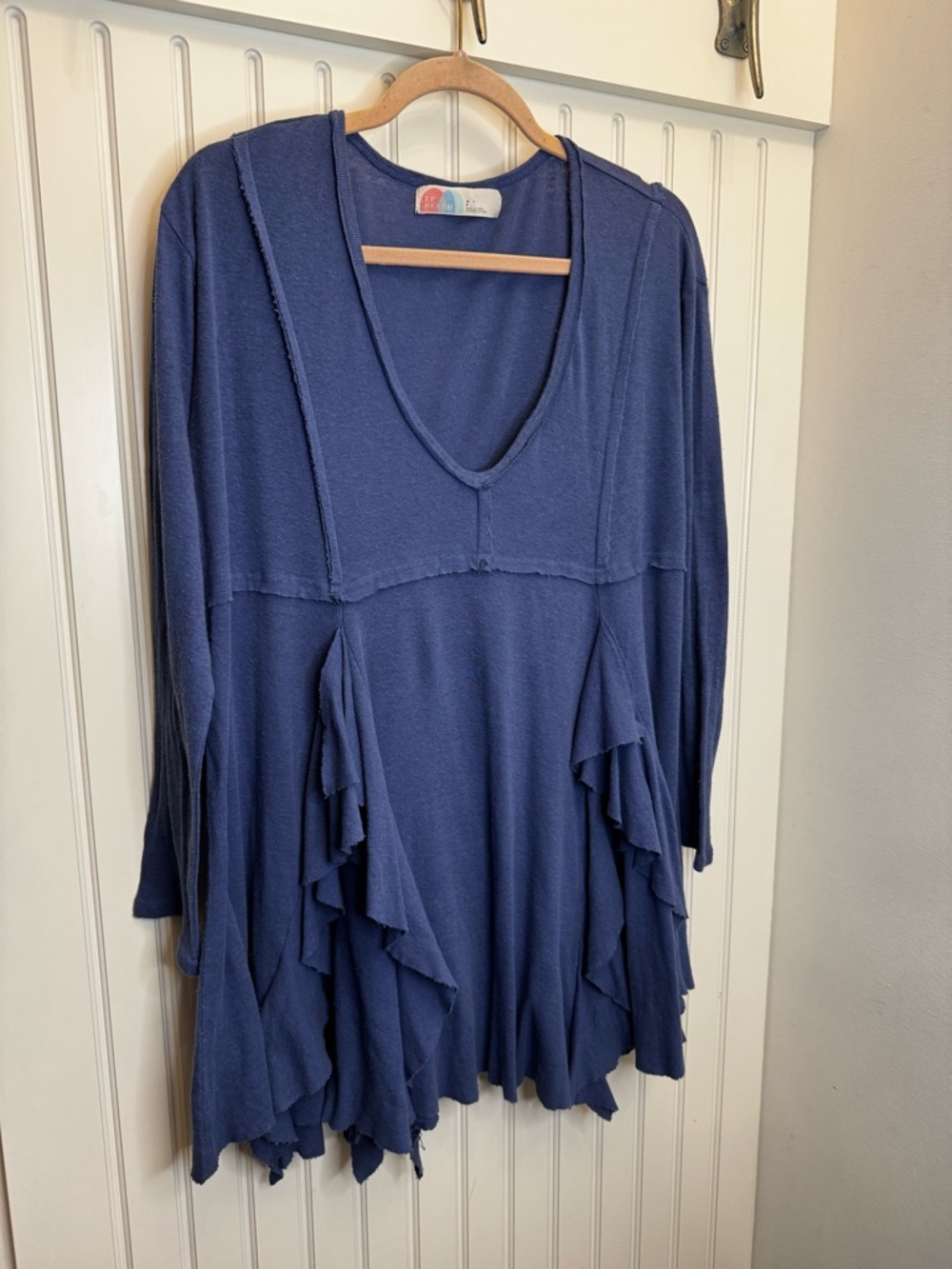 Free People Beach Indigo Blue Ruffle V-Neck Long Sleeve Summer Tunic/Cover Small